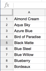 KitchenAid color list alphabetized.